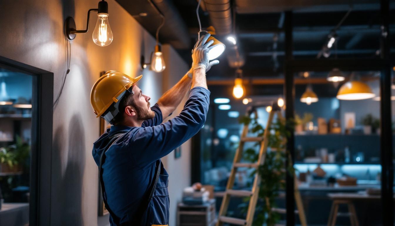 A photograph of a lighting contractor expertly installing modern