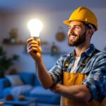 A photograph of a lighting contractor in action