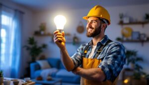 A photograph of a lighting contractor in action