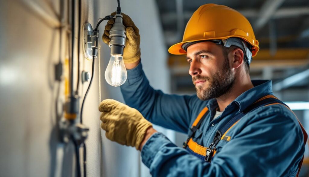 A photograph of a lighting contractor in action