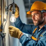 A photograph of a lighting contractor in action