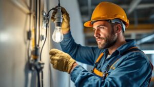A photograph of a lighting contractor in action