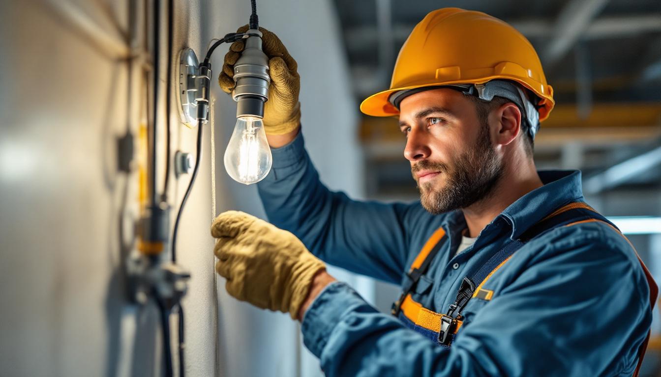 A photograph of a lighting contractor in action