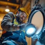 A photograph of a lighting contractor installing or inspecting an electrical round box cover in a well-lit