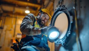 A photograph of a lighting contractor installing or inspecting an electrical round box cover in a well-lit
