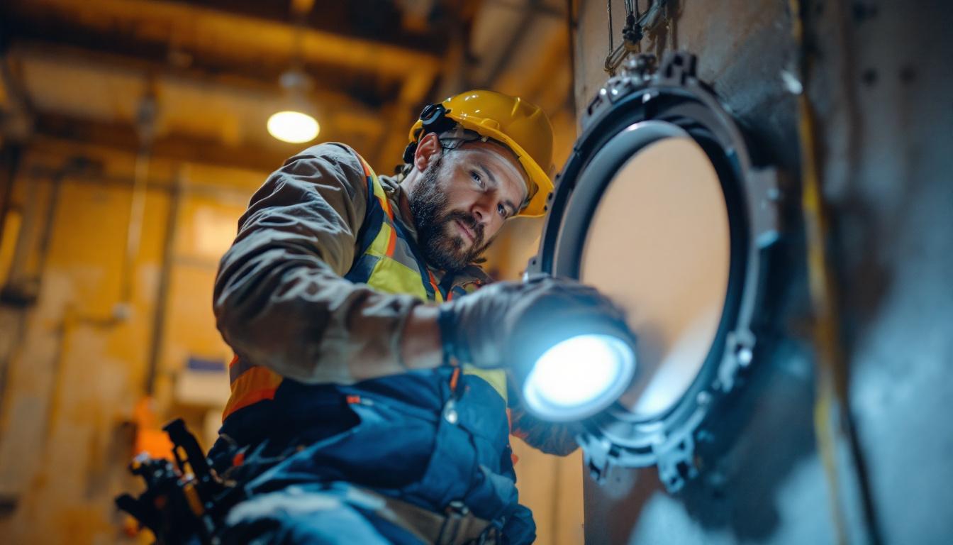 A photograph of a lighting contractor installing or inspecting an electrical round box cover in a well-lit
