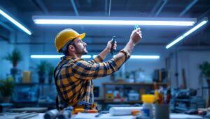A photograph of a skilled electrician installing a sleek fluorescent tube light fixture in a modern workspace