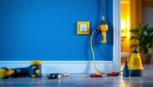 A photograph of a lighting contractor installing a wall plug with a switch in a residential setting