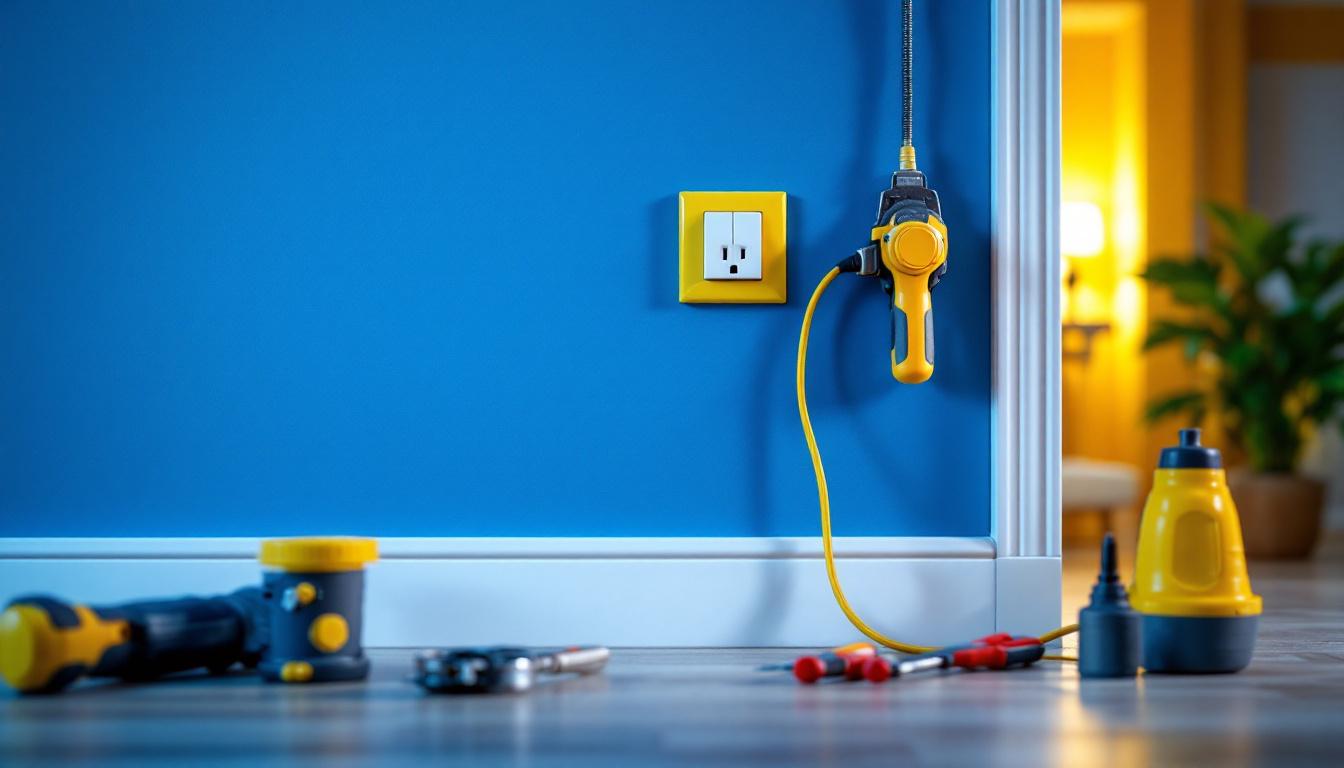 A photograph of a lighting contractor installing a wall plug with a switch in a residential setting