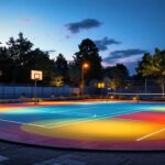A photograph of a well-lit residential sport court at dusk