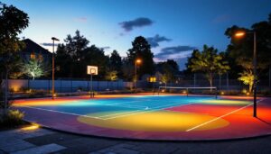 A photograph of a well-lit residential sport court at dusk