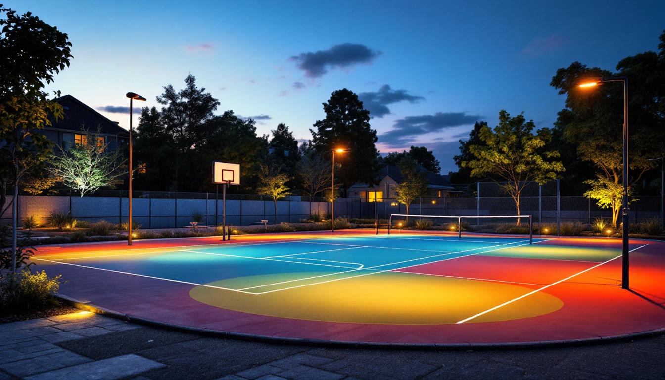 A photograph of a well-lit residential sport court at dusk