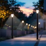 A photograph of a well-lit outdoor space featuring motion detector post lights in action