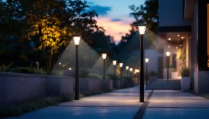 A photograph of a well-lit outdoor space featuring motion detector post lights in action