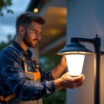 A photograph of a lighting contractor installing a wholesale solar lamp in a residential or commercial setting