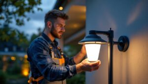 A photograph of a lighting contractor installing a wholesale solar lamp in a residential or commercial setting