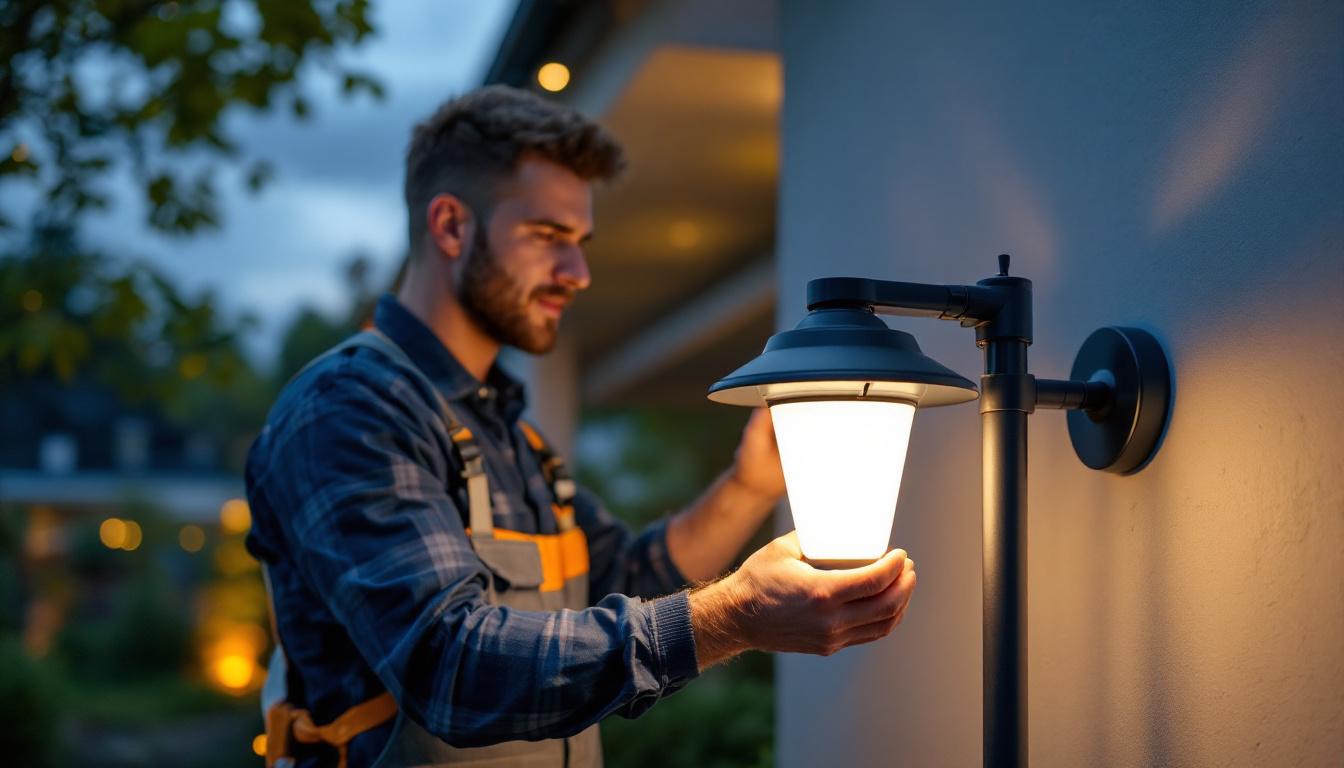 A photograph of a lighting contractor installing a wholesale solar lamp in a residential or commercial setting