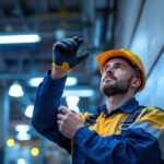 A photograph of a lighting contractor installing or inspecting a 400-watt lamp in a commercial or industrial setting