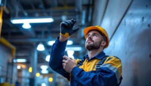 A photograph of a lighting contractor installing or inspecting a 400-watt lamp in a commercial or industrial setting