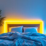 A photograph of a beautifully styled bedroom featuring vibrant bed led strips illuminating the space