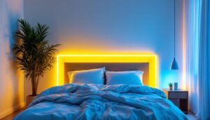 A photograph of a beautifully styled bedroom featuring vibrant bed led strips illuminating the space