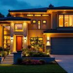 A photograph of a beautifully illuminated exterior of a modern home featuring led house lights