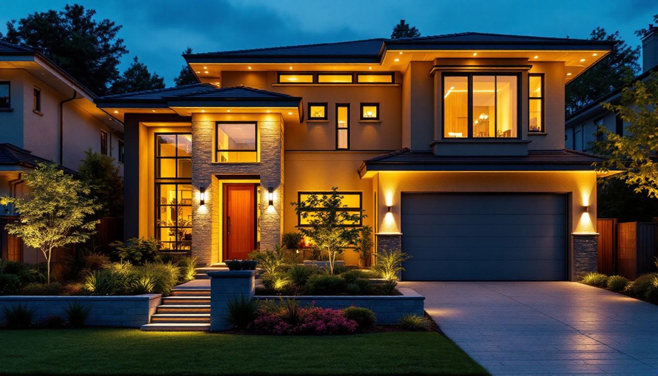 A photograph of a beautifully illuminated exterior of a modern home featuring led house lights