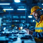 A photograph of a lighting contractor examining a range of led drivers in a well-lit workshop