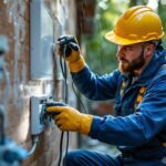 A photograph of a lighting contractor installing waterproof electrical fixtures in an outdoor setting