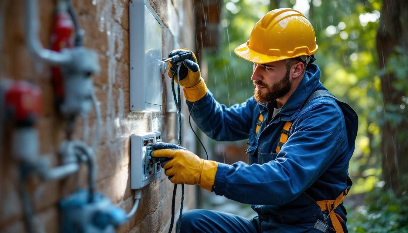 A photograph of a lighting contractor installing waterproof electrical fixtures in an outdoor setting
