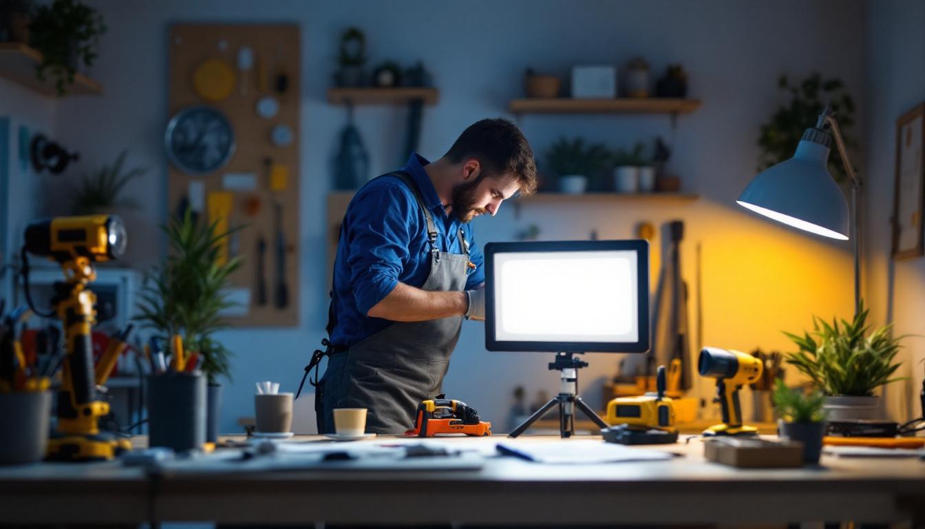 A photograph of capture a photograph of a well-organized workspace featuring various lighting tools and fixtures