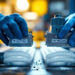 A photograph of a lighting contractor examining or installing t8 and t12 ballasts side by side