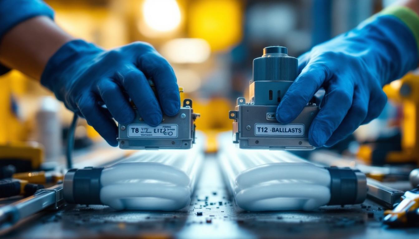 A photograph of a lighting contractor examining or installing t8 and t12 ballasts side by side