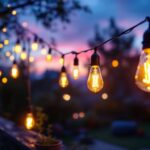 A photograph of a beautifully lit outdoor setting featuring flicker light bulbs in various arrangements