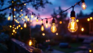 A photograph of a beautifully lit outdoor setting featuring flicker light bulbs in various arrangements