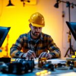 A photograph of a lighting contractor comparing 5000k and 6000k led lights in a well-lit workspace