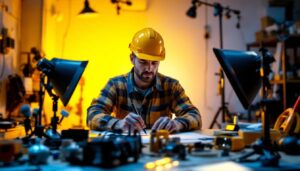 A photograph of a lighting contractor comparing 5000k and 6000k led lights in a well-lit workspace