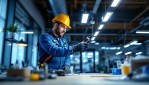 A photograph of a skilled lighting contractor expertly installing led light mounting clips in a modern