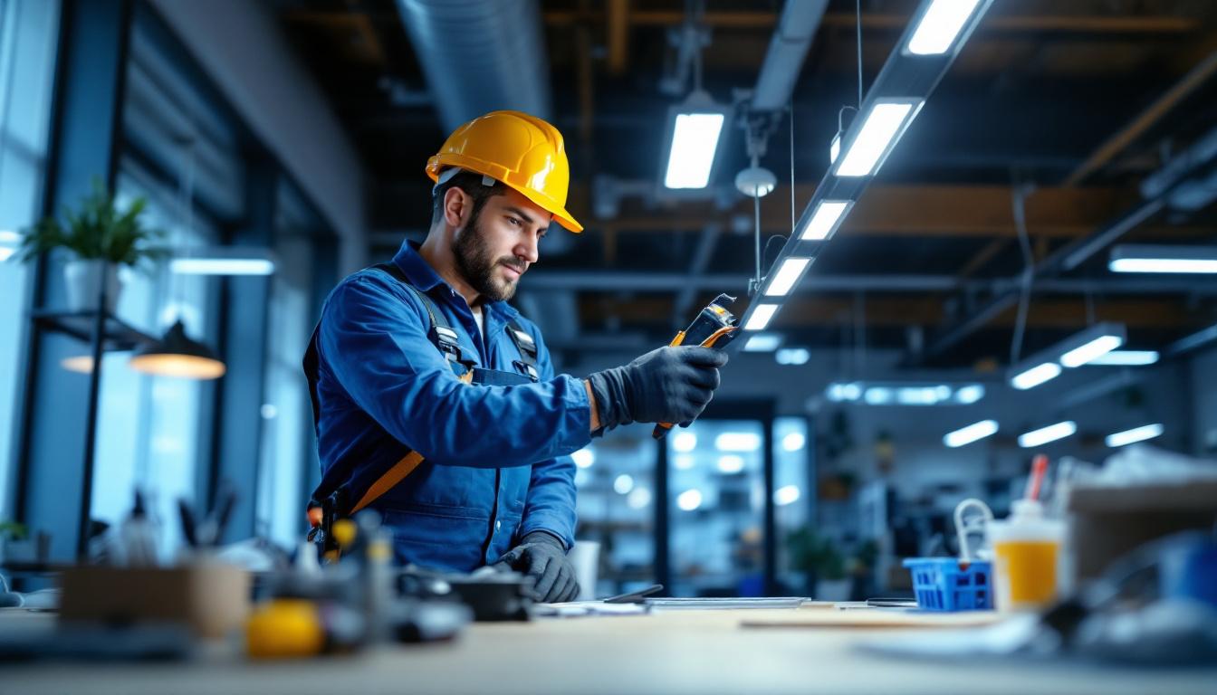 A photograph of a skilled lighting contractor expertly installing led light mounting clips in a modern