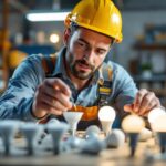A photograph of a lighting contractor examining a variety of mr16 incandescent bulbs in a well-lit workspace