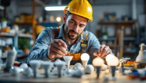 A photograph of a lighting contractor examining a variety of mr16 incandescent bulbs in a well-lit workspace