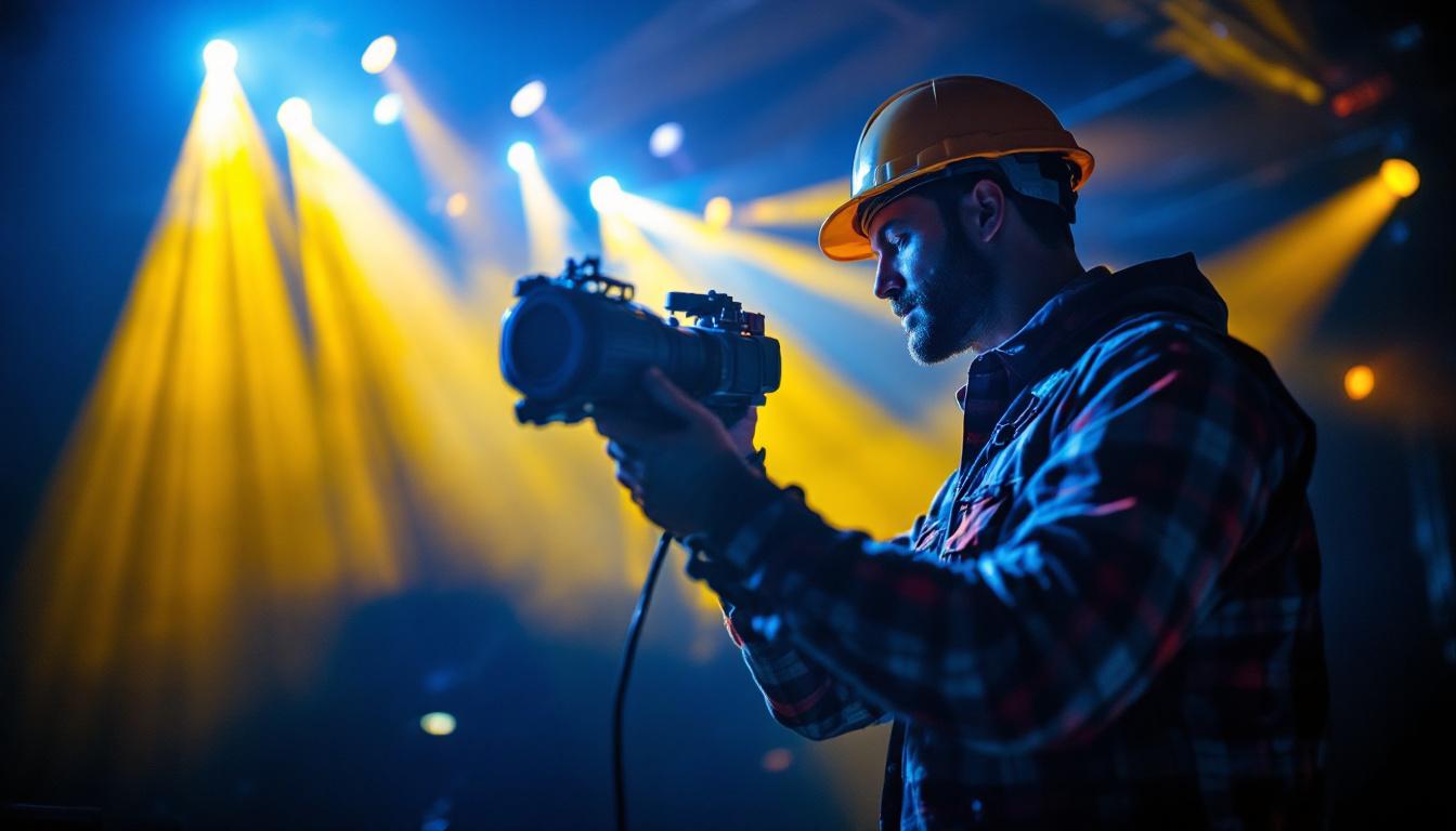 A photograph of a dynamic lighting contractor at work