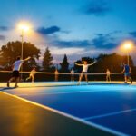 A photograph of a portable tennis court illuminated by bright