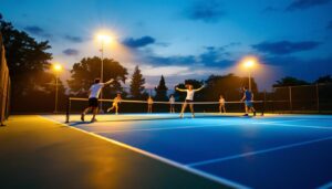 A photograph of a portable tennis court illuminated by bright