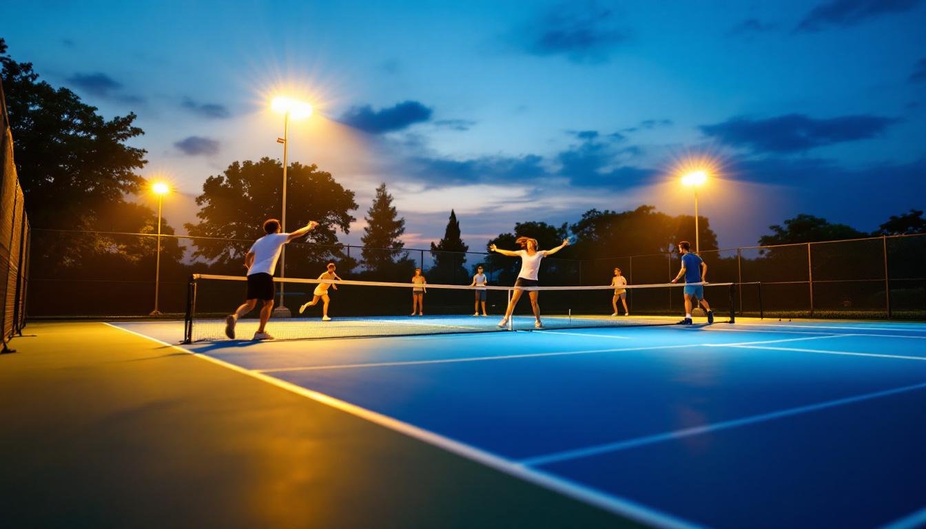 A photograph of a portable tennis court illuminated by bright