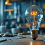 A photograph of a t12 bulb in a well-lit workshop environment