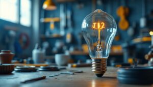A photograph of a t12 bulb in a well-lit workshop environment