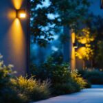 A photograph of a well-lit outdoor space featuring various motion-sensing lights in action