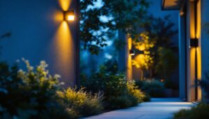 A photograph of a well-lit outdoor space featuring various motion-sensing lights in action