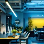 A photograph of capture a photograph of a well-lit workspace featuring led tube fixtures installed in a modern setting